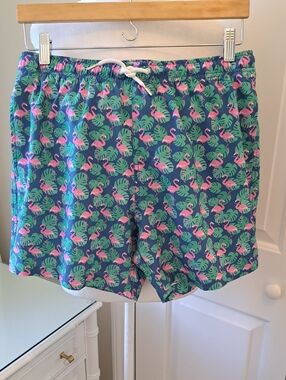 Bermies Mens Flamingo/Leaf Print 5.5" Swim‎ Trunks Mesh Lining Elastic Waist M